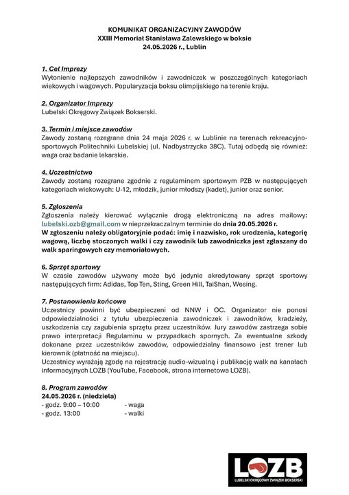 KOMUNIKAT ORGANIOZACYJNY MEMORIAŁU STANISŁAWA ZALEWSKIEGO